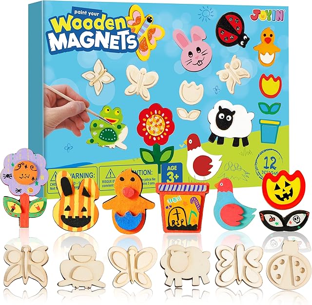 The JOYIN 12 Wooden Magnet Creativity Arts & Crafts Painting Kit for Kids, Decorate Your Own Painting Gift for Halloween Crafts, Birthday Parties and Family Crafts, Party Favors for Boys Girls