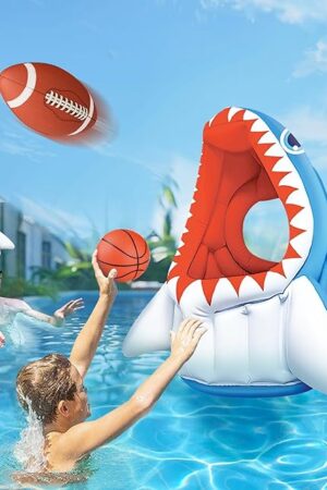 The Pool Wave Kids Shark Pool Toy, 3-in-1 Inflatable Float Water Game Basketball Football Head Hoop Toss, Toddler Outdoor Summer Swimming Floating, Cool Family Party Gift Age 3 4 5 6 7 8 Year Old Boy Girl