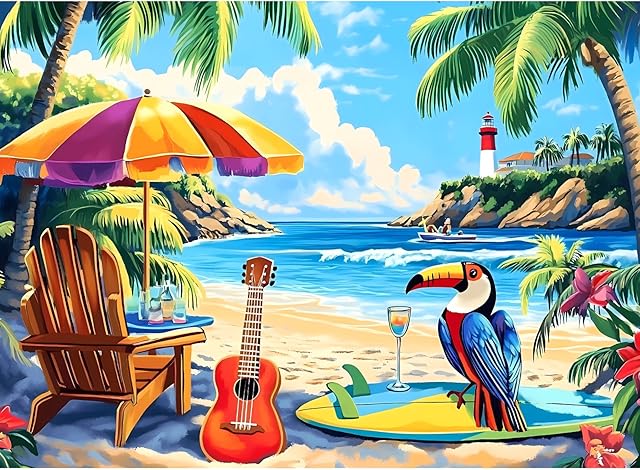 The 500 Piece Jigsaw Puzzle for Adults, Beach Scenery Jigsaw Puzzle, Chair and Guitar Jigsaw Puzzles, Seaside Lover Challenging Puzzles for Friends Family Activity Game Nights Gifts