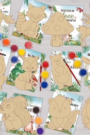 The QICI 24 PCS Woodland Animals Cards with Art Supplies - Woodland Animals Wood Painting Craft Kits - Kids Christmas Birthday Boys Girls Gifts Bulk - Woodland Animals Party Favors