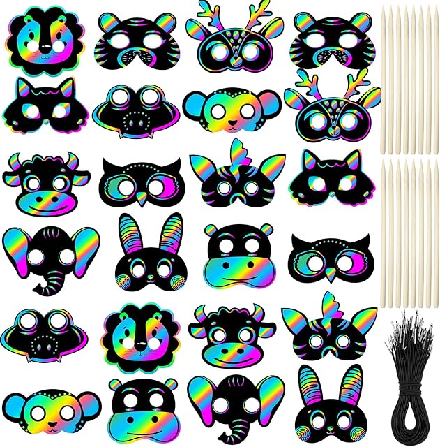 The Realspring 120 Pcs Jungle Animals Scratch Paper Mask DIY Kids Masks Making Craft Kit for Masquerade Dress up Birthday Party Favor