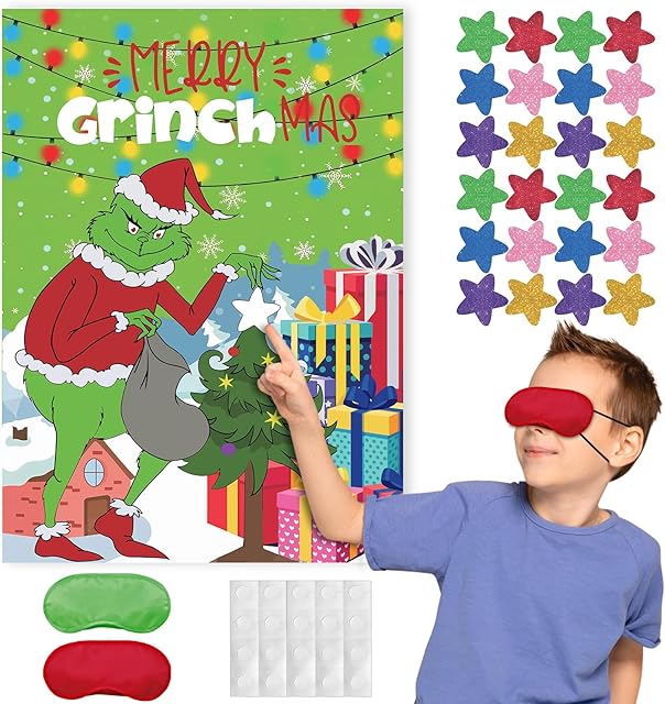 The Christmas Games for Kids - Pin The Star on Grinchs Decorations Party Supplies Gifts for Holiday Party Game Kids and Adults Family Games