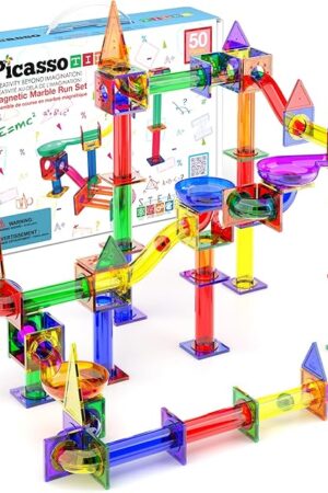 The PicassoTiles 50pcs Magnetic Tiles Marble Run for Kids Race Track Toy Marble Maze Sensory Toys for Toddlers STEM Educational Set Magnet Building Blocks Construction Building Tiles Boys Girls 3+ PTG50