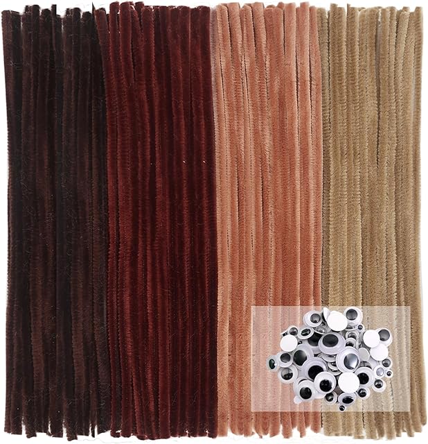 The TOAOB 200pcs Pipe Cleaners Crafts Supplies Set Includes 100pcs Brown Series Chenille Stems 6mm x 12 Inch Thick and 100pcs Assorted Size Wiggle Googly Eyes for Making Crafts Decoration Flowers Animals