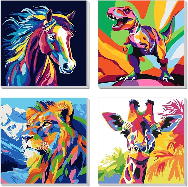 The 4 Pack Paint by Numbers Kit for Kids, Horse Color By Number Painting Kits for Kids Ages 8-12 Dinosaur Paint by Numbers with Framed Canvas Children DIY Paints by Number Kits for Beginners 8x8 Inch