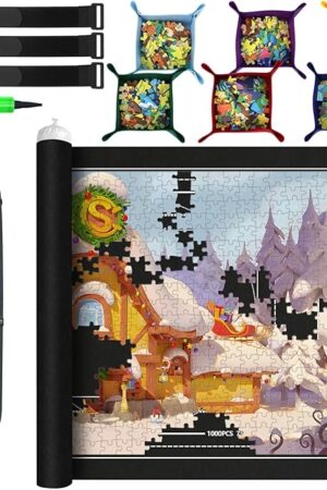 The Puzzle Mat Roll Up Fits 1500 1000 500 Pieces Puzzles, Portable Felt Mat with 6 Sorting Trays & Storage Bag & Pump, Compact Non Slip Puzzle Saver for Adult Kid
