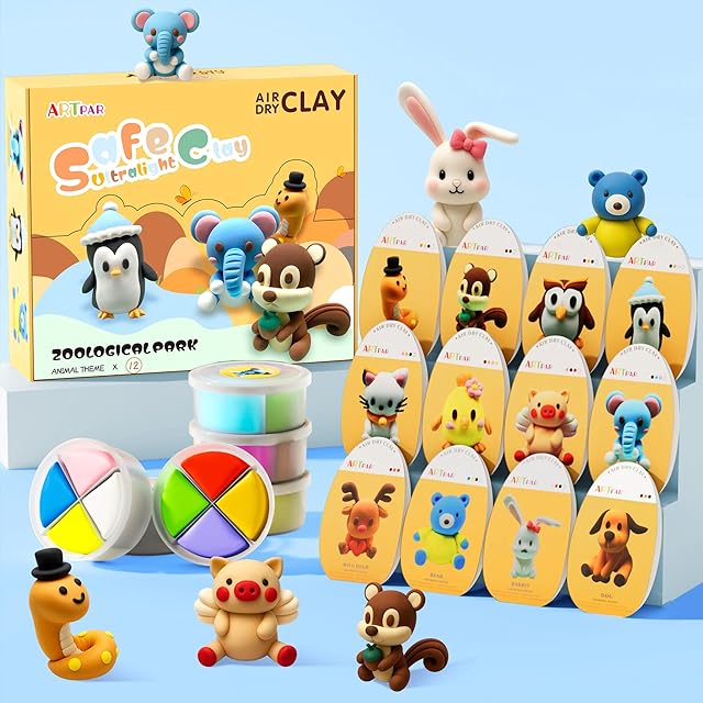 The Air Dry Clay Kits for Kids-Modeling Magic Clay,12 Animals DIY Molding Clay Art Crafts Set,Ultra Light & Soft, Safe & Non-Stick with Sculpting Tools & Tutorials, Unique Gifts for Boys & Girls