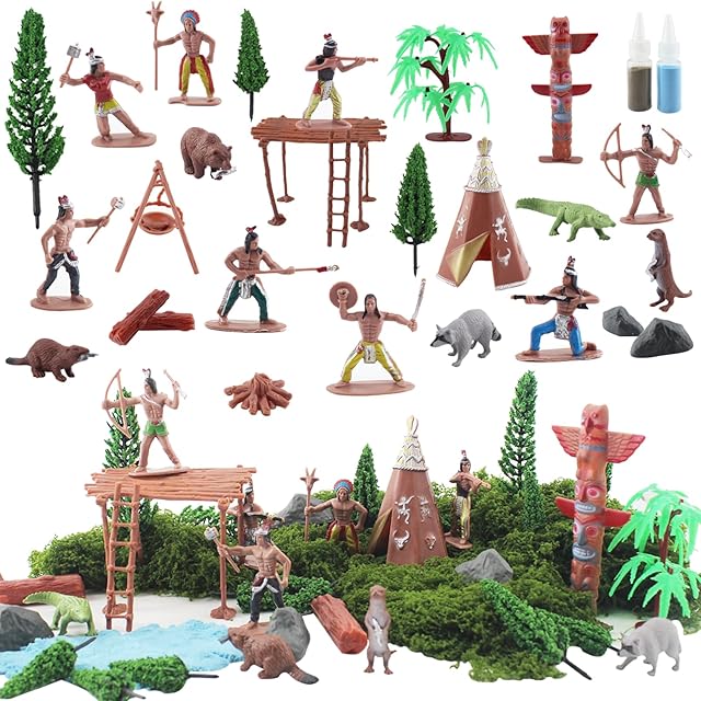 The 57 Pcs Plastic Indians Figures Playset Toy,Native American Indians Action Figurines and Accessories with Horse, Tent, Totem for School Diorama Project Kids Educational Birthday Gift