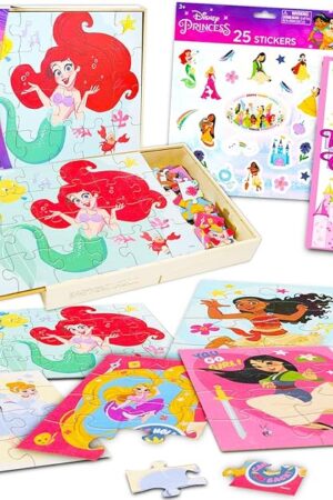 The Princess Wooden Puzzle 5 Pack - 24 Piece Princess Wood Puzzles Bundle with Holding Tray Princess Puzzles for Kids with Princess Stickers and More (Kids Princess Jigsaw Puzzles)