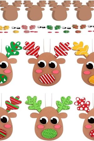 The Poen 24 Pcs Christmas Foam Reindeer Craft Kit for Kids DIY Christmas Elk Decorations for Christmas Tree Decorations Classroom Activities Holiday Party Supplies, 6 Different Designs