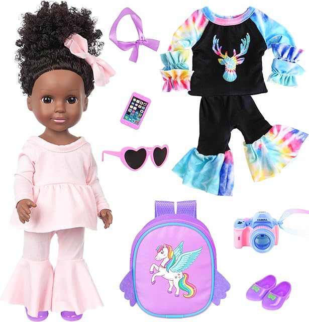 The iBayda 14.5 Inch African-American Silicone Baby Doll - Realistic Black Girl Doll with 2 Outfits, Shoes, Backpack, Camera, Glasses & Phone Accessories (Washable)