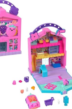 The Polly Pocket Pollyville Fresh Market Dolls & Playset, Food Toy with 2 Micro Dolls, 12 Accessories Include Toy Car & Pet