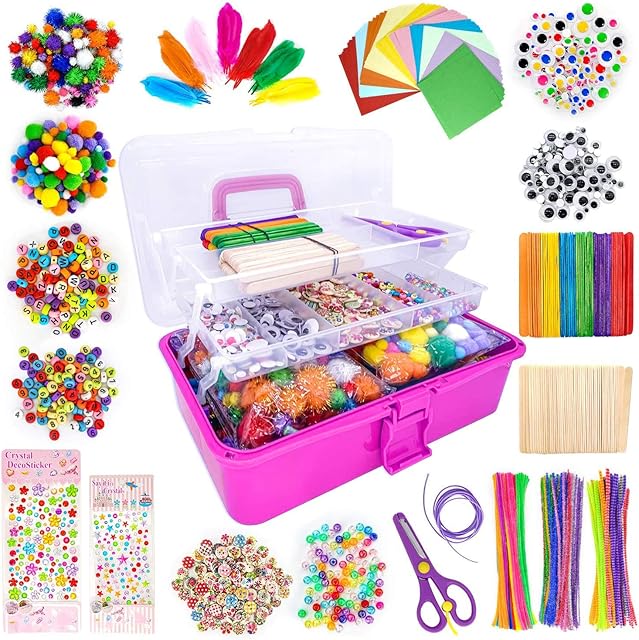 The 1405 Pcs Art and Craft Supplies for Kids, Toddler DIY Craft Art Supply Set Included Pipe Cleaners, Pom Poms, Feather, Folding Storage Box - All in One for Craft DIY Art Supplies, Rose Red