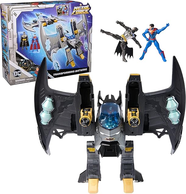 The DC Comics, Metal Force Transforming Batwing, 2-in-1 Playset, Includes Batman and Superman Figures, with Projectiles and Character Cards, Kids Toy for Boys Ages 4 and Up