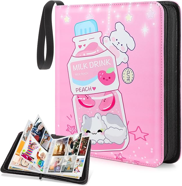 The Trading Card Binder,440 Cards Collectible Trading Card Holder Case with 55 Sleeves, 4 Pocket for TCG Game Cards Collection Sports Trading Cards Collector Album (Pink milk bottle, 440 Pockets)