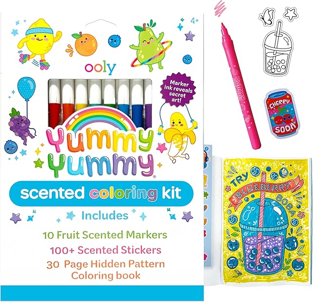 The Ooly Yummy Yummy Coloring Kit Includes 10 Scented Markers, Over 100 Scented Stickers, and 30 Pages of Hidden Pattern Coloring Book, Perfect Airplane Travel Set and Creative Play
