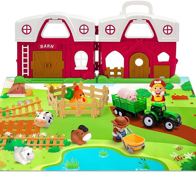 The Toddler Toys for 1 2 3 Years Old Boys and Girls, Farm Animals Big Barn Toy, Farm Animal Set with Farms Play Mat, Toddler Educational Montessori Toys, Christmas Birthday Gift for Toddlers Boy and Girl