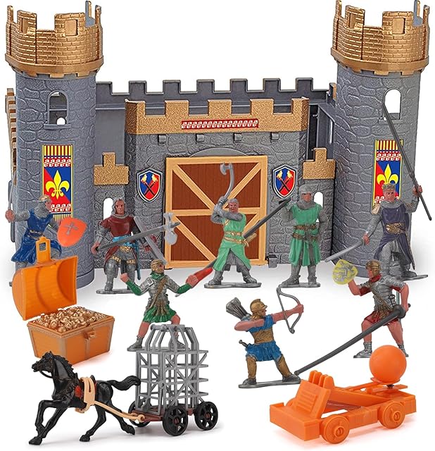 The Liberty Imports Medieval Castle Kingdom Knights Action Figure Toy Army Playset with Castle, Figurines, Catapult, and Acessories Kids Playset in Storage Bucket