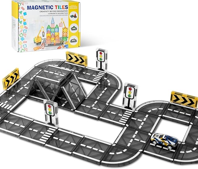 The Magnetic Race Track Tiles with Cars, Magnet Tiles Road Set for Kids Toddlers Ages 3-5 4-8, Magnetic Racing Building Blocks Montessori Educational Learning Construction Toys Birthday Gifts
