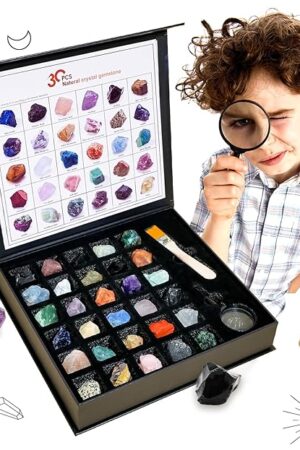 The Runyangshi Geology Kit for Kids - 30PCS Rocks Natural Crystal Kit Raw Stone Collection Box Minerals ＆ Rocks Collection Education Set with Learning Guide Rock Instruction Book for Boys Girls