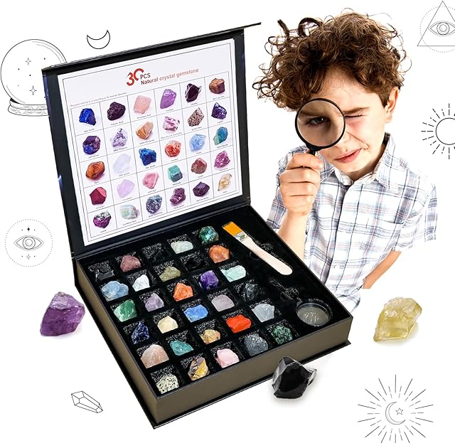The Runyangshi Geology Kit for Kids - 30PCS Rocks Natural Crystal Kit Raw Stone Collection Box Minerals & Rocks Collection Education Set with Learning Guide Rock Instruction Book for Boys Girls