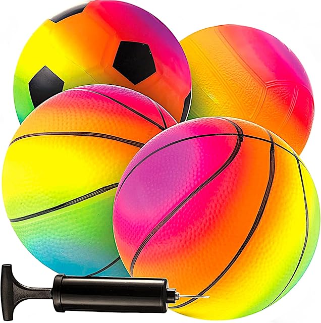 The Bedwina Mini Rainbow Sports Balls - 5 Inch (Pack of 4) Inflatable Vinyl Balls for Kids and Toddlers with Hand Air Pump, Basketball, Volleyball, Soccer for Playground, Indoor and Outdoor