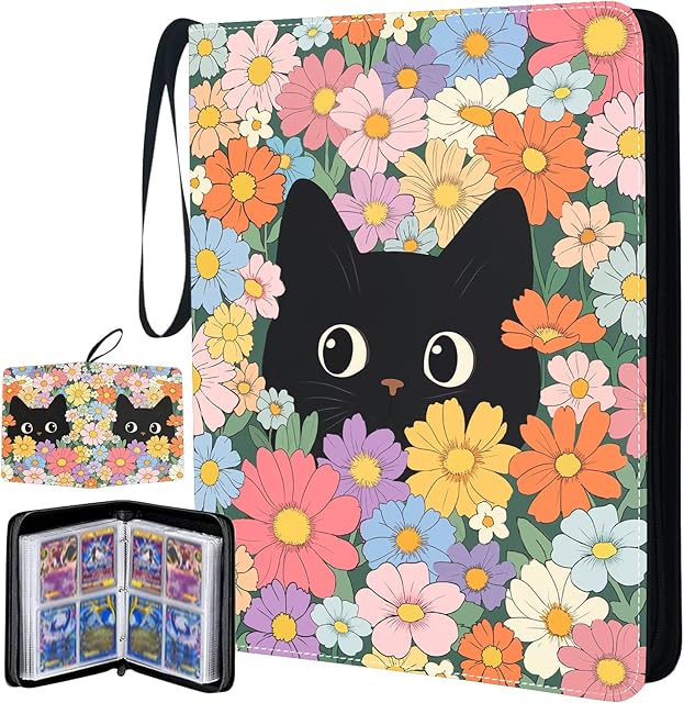 The Girl Card Binder 4 Pocket, Trading Card Binder with Cats, Cute Flowers Black Cat Card Binder 400 Pockets with Zipper, Collection Gifts for Girls Boys and Organized