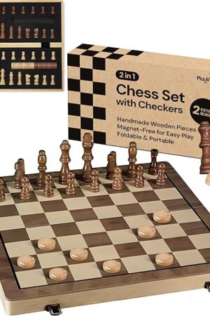The PlayVibe Wooden Chess Set 15'' & Checkers Board Games for All Players with 2 Extra Queens - Handmade Classic Wooden Chess Board, Portable & Folding Playtime Boards, Beginner & Professional Use
