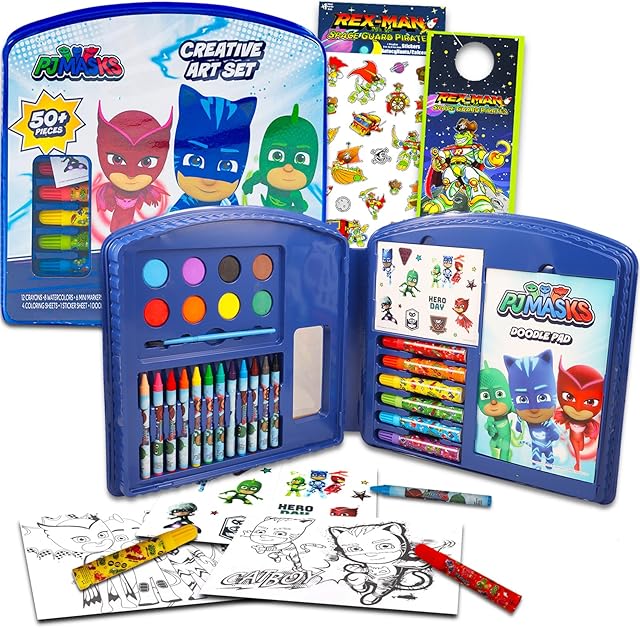 The Disney PJ Masks Art Set for Kids - 50 Pc Superhero Art Kit Bundle with PJ Masks Coloring Utensils, Paint, Art Pad, Stickers, More | PJ Masks Painting Kit for Kids