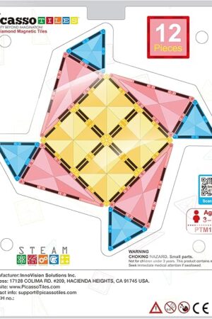 The PicassoTiles Magnet Tile Building Blocks Mini Diamond Series Magnetized Toy Travel Size Compact Portable Magnetic Construction Block STEM Sensory Toy Early Education Learning Kids Ages 3+ PTM12
