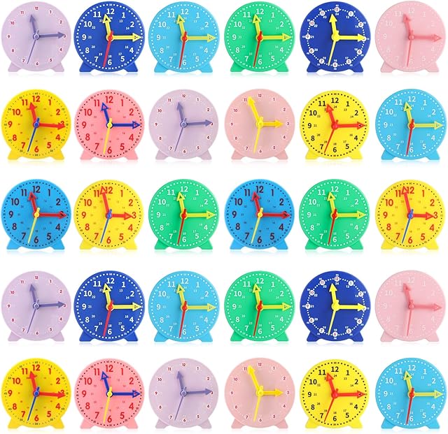 The Libima 30 Pieces Tell Time Teaching Clock Kit Time Activity Set Colorful Mini 12/24 Hours Geared Clock for Basic Math Development Supplies, 3.9 Inch