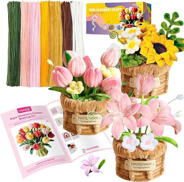The 450 Pcs Pipe Cleaners Craft,8 Assorted Colors Pipe Cleaners Bulk, for DIY Tulip, Sunflower, and Lily Basket Kit with Floral Wires, Gardening Tape, Pearls