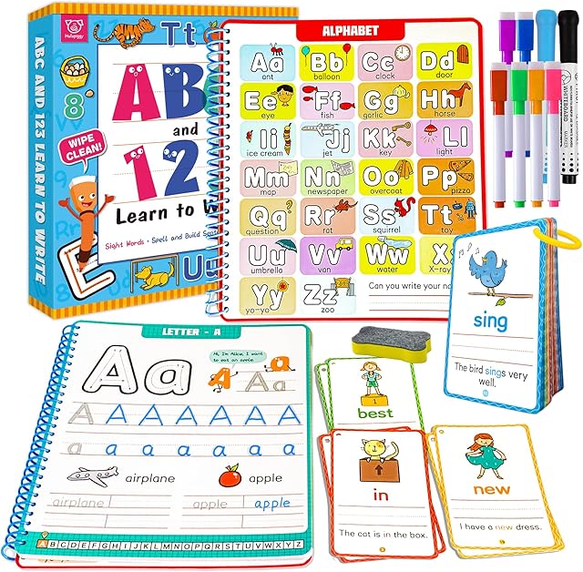 The Preschool Learning Activities - Reusable Letter & Number Tracing Book for Kids 3,4,5,6 Years Old -Builds Handwriting & Sight Words, PreK Kindergarten Workbook, Learning Toy Gift for Toddlers