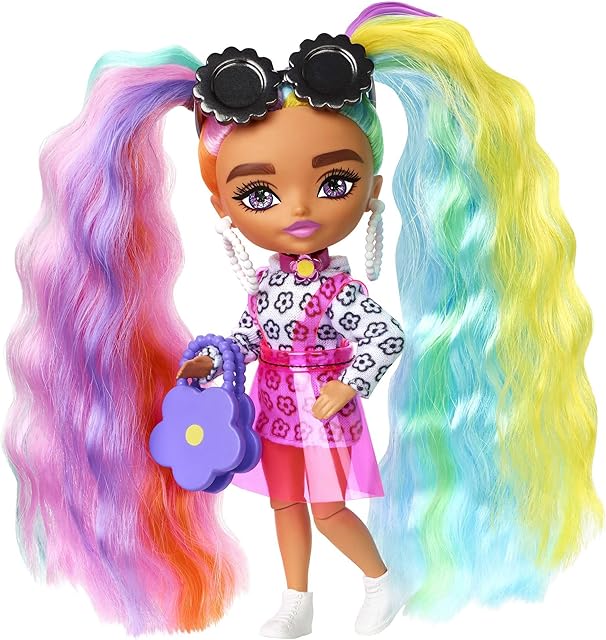 The Barbie Extra Minis Doll #6 Wearing Flower Print Dress with Rainbow Hair, Doll Stand & Accessories Including Sunglasses & Purse, 5.5-inch