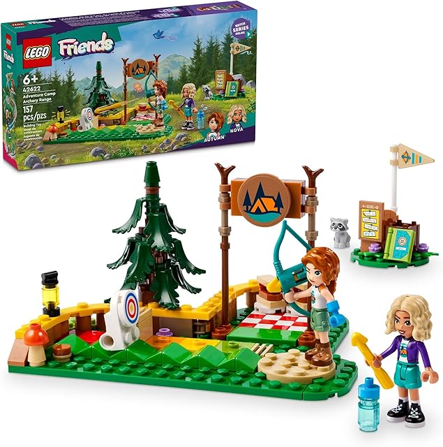 The LEGO Friends Adventure Camp Archery Range Toy, Archery Set for Kids with Toy Bow and Arrows, Adventure Building Playset for Girls and Boys Ages 6 Years and Up, 2 Mini Dolls and a Raccoon Figure, 42622