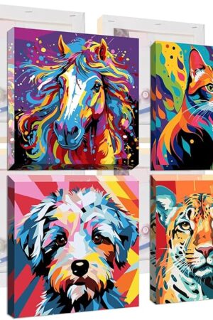 The Qukle Framed Animals Paint by Numbers for Kids Age 8-12, 4Pack Colorful Dog Cat Painting by Numbers Kits Adults Boys Girls, Painting on Canvas DIY Acrylic Arts for Home Decor 20x20cm