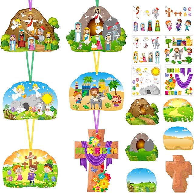 The Funrous 48 Pack Easter Religious Craft Kits Easter Sticker Scene Craft Christian Cardboard He Lives DIY Ornaments for Kids for Jesus Christian Religious Sunday School Supplies 6 Styles