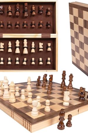 The Premium Wooden Chess Set, 15.7 Inche Chess Board Game Set for Adults - Folding Board - Pieces Storage Slots, Handmade Portable Travel Chess Game - Beginner Chess Set for Kids, 6 up Age