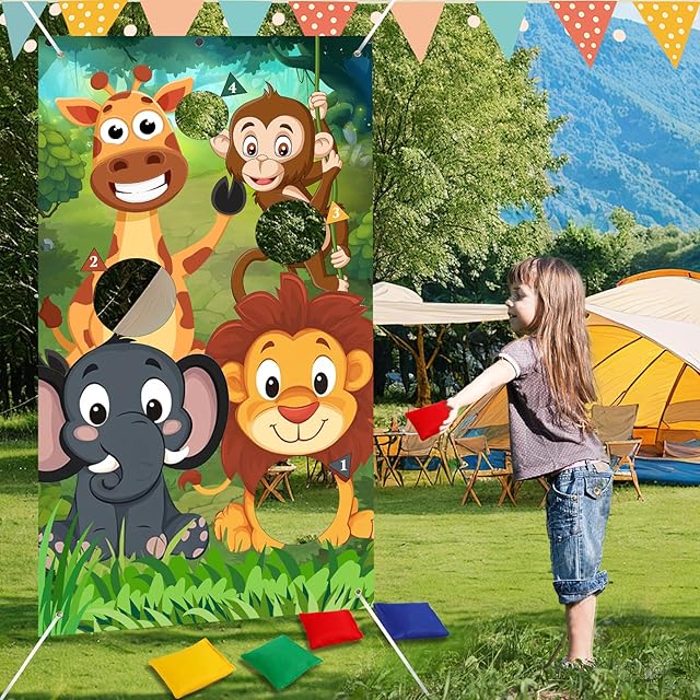 The Jeffbaubl Animals Toss Game Banner with 8 Bean Bags,Wild Animals Throwing Game,Bean Bag Toss Games Outdoor Games Set for Yard Lawn Game Photo Background Jungle Animals Theme Party Supplies