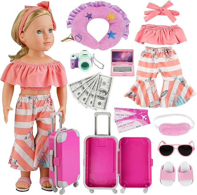 The 17 PCS Doll Travel Set Suitcase American Doll Accessories for Girl 18 Inch Including Suitcase Luggage A Set of Clothes Slippers Sunglasses Camera Laptop Unicorn Pillow Blindfold