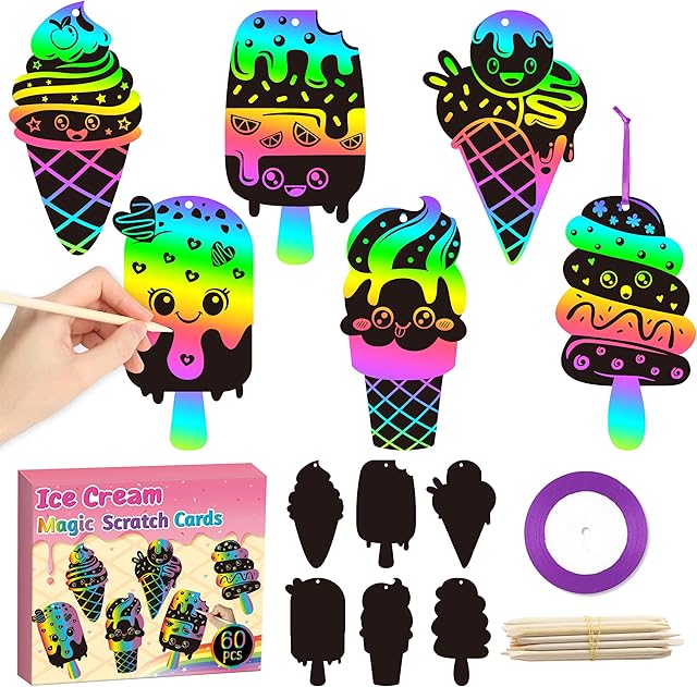 The CY2SIDE Ice Cream Scratch Cards - 60PCS Summer Sweet Candy Ornament Scratch Crafts Card Gift Set for Kids Cones Magic Art Rainbow Color Craft Scratch Kit for Kids Birthday Party Favors School Activity