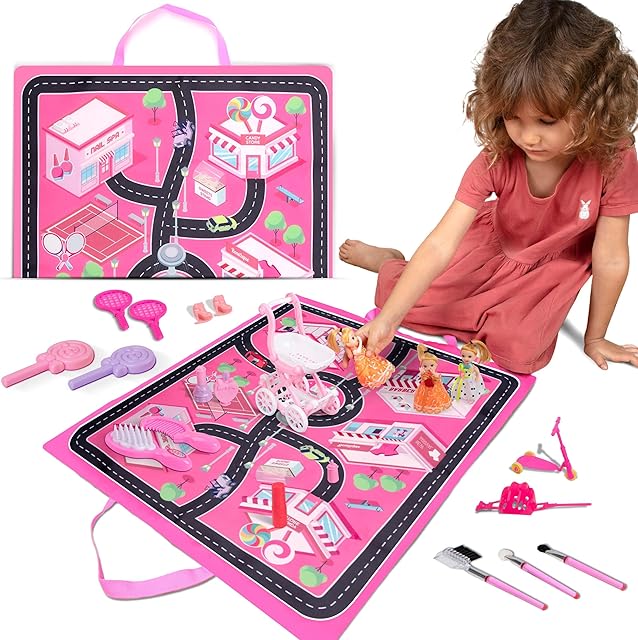 The FabuKiddie Pink Toddler Play Mat for Girls - Foldable Kids Playmat Bundle with Toys, Dolls, Bag and 6 Stations to Visit - Kids Play Mat - Playmats for Toddlers,