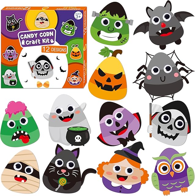 The WATINC Halloween Candy Corn Art Craft - Halloween Pumpkin Witches Zombie DIY Craft Kit, Bats Spiders Themed Candycorn Arts Supplies Preschool Classroom Activity Party Favors for Kids Toddlers (12pcs)