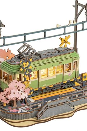 The ROBOTIME 3D Puzzles for Adults DIY Model Building Toy with LED Light Wooden Craft Kits Diorama Tram Hobby for Brain Teaser Gift (Sakura Journey)