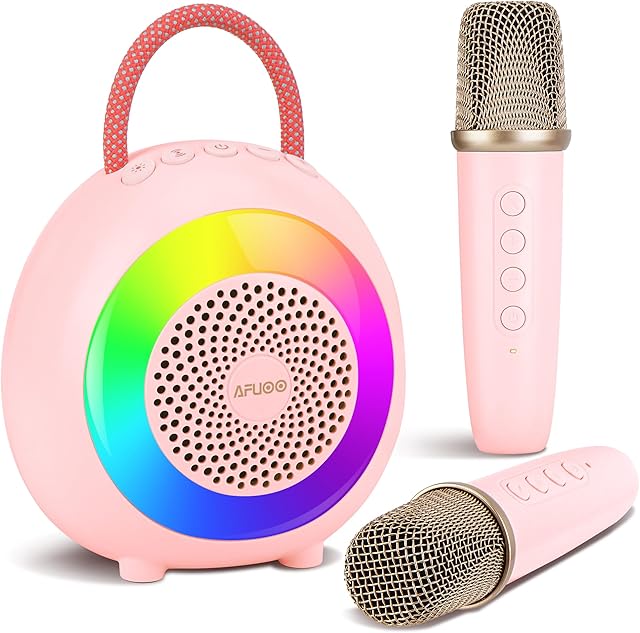 The Bluetooth Karaoke Machine Set for 3+ Kids & Adults, Dynamic RGB Lights, Vocal Changer, Mini Portable Karaoke Speaker with 2 Wireless Mics for Home Party, Karaoke, Singing, Fun, Gift, Pink