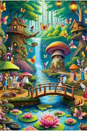 The Rocorose Jigsaw Puzzle for Adults, 1000 Pieces Fairyland Mushroom House Puzzle Colorful Fairy Cottage Puzzle Challenging Family Perfect for Game Nights Party Butterfly Flower Decoration