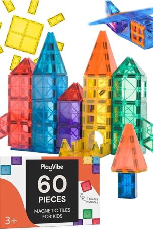 The PLAYVIBE Magnetic Tiles 60 Pcs - 3D Magnet Toys for Kids 3+ - STEM Building Blocks - Toddler Learning Essential for Home & Classroom, Boys & Girls - Sensory Toys - Magnetic Blocks