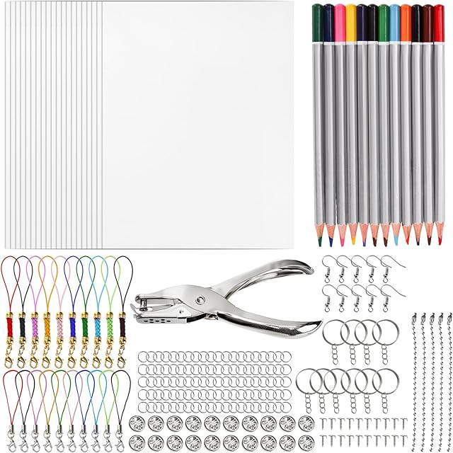 The Goaste 198 Pieces Shrink Plastic Sheet Kit, Shrink Art Kit Include 20PCS Shrink Film Paper, Hole Punch, 12 Colored Pencils, 165 Keychains Accessories for Kids Creative Craft, DIY Ornaments Craft