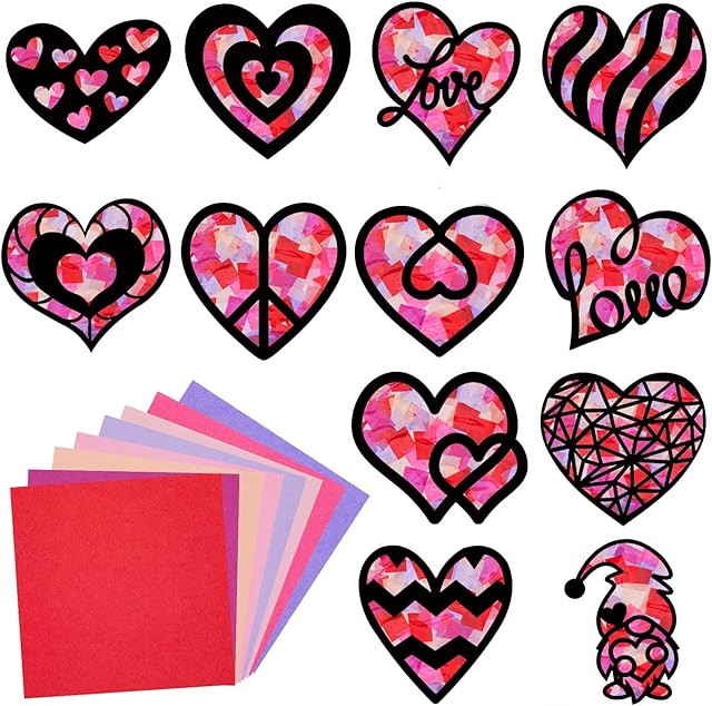 The Gueevin 36 Pieces Heart Paper Suncatcher Kits for Kids Valentine's Day Heart Shape Suncatcher Craft and Window Stained Glass Effect Paper Contact for DIY Valentine's Day Party Supplies