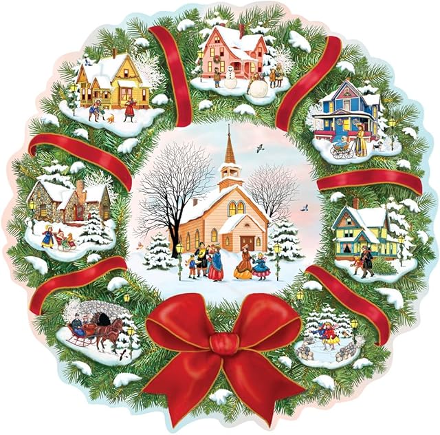 The Bits and Pieces – 750 Piece Jigsaw Puzzle for Adults – The Village Wreath, Christmas, Wreath, Holiday - by Artist Rosiland Solomon, Completed Puzzle Size: 20" x 27"